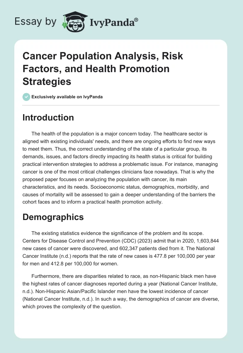 Cancer Population Analysis, Risk Factors, and Health Promotion Strategies. Page 1