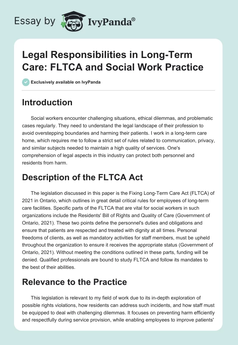 Legal Responsibilities in Long-Term Care: FLTCA and Social Work Practice. Page 1