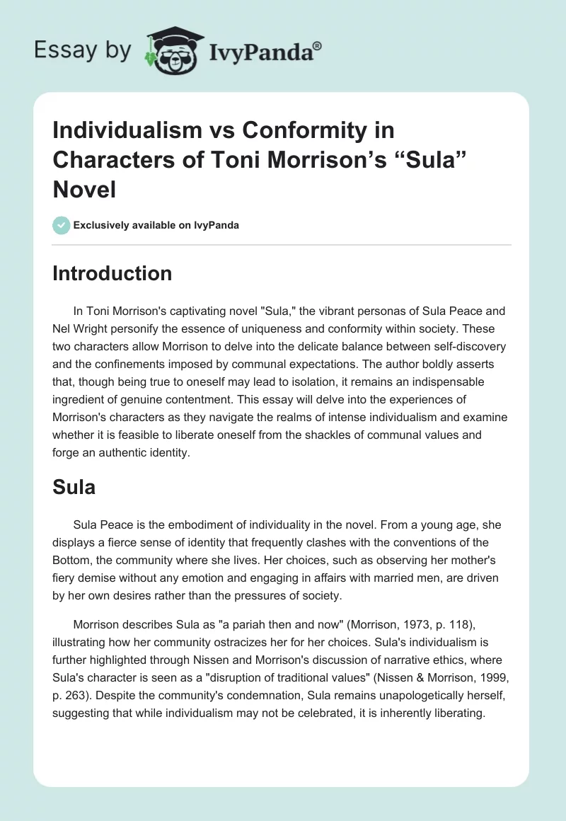 Individualism vs Conformity in Characters of Toni Morrison’s “Sula” Novel. Page 1