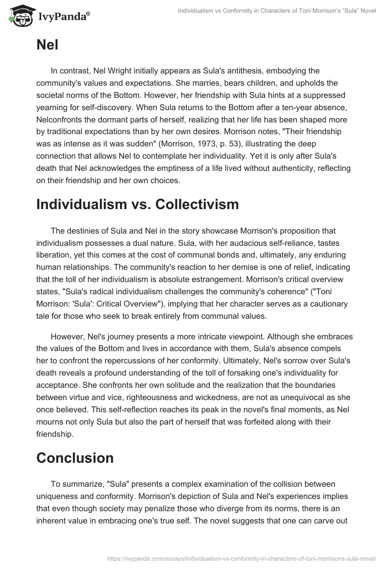Individualism vs Conformity in Characters of Toni Morrison’s “Sula” Novel. Page 2
