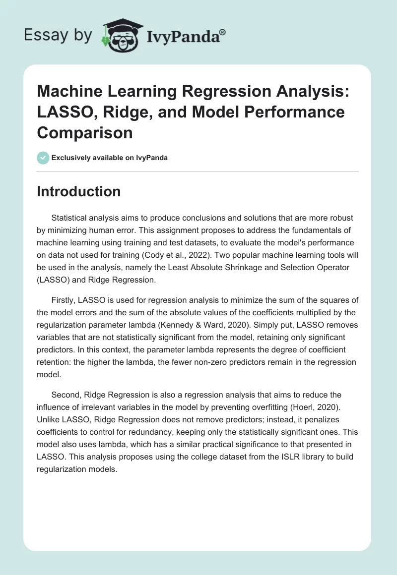 Machine Learning Regression Analysis: LASSO, Ridge, and Model Performance Comparison. Page 1