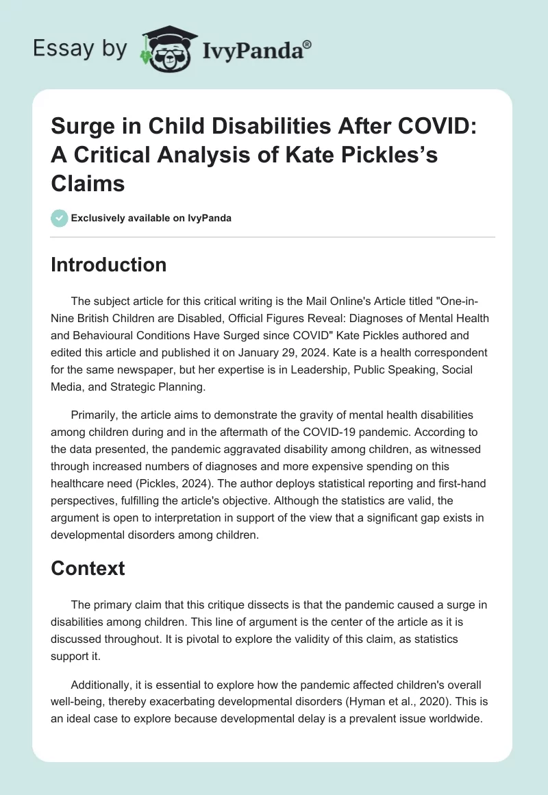 Surge in Child Disabilities After COVID: A Critical Analysis of Kate Pickles’s Claims. Page 1