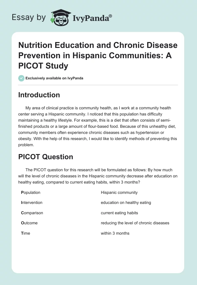 Nutrition Education and Chronic Disease Prevention in Hispanic Communities: A PICOT Study. Page 1
