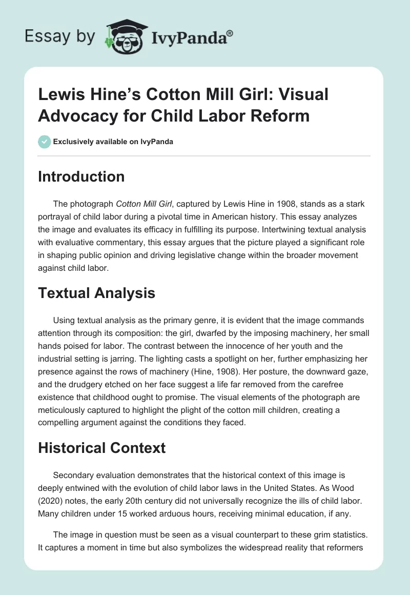 Lewis Hine’s Cotton Mill Girl: Visual Advocacy for Child Labor Reform. Page 1