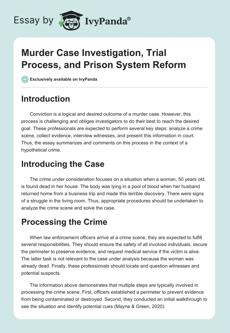 Murder Case Investigation, Trial Process, and Prison System Reform. Page 1