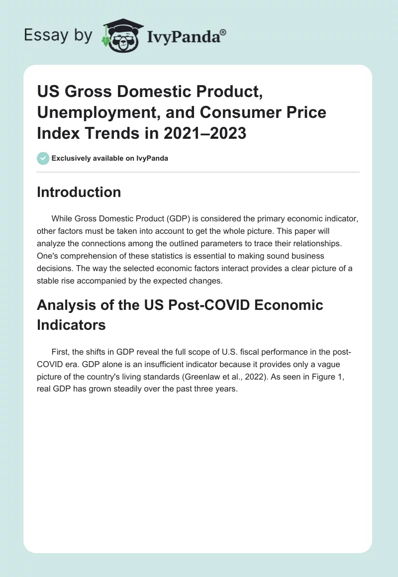 US Gross Domestic Product, Unemployment, and Consumer Price Index Trends in 2021–2023. Page 1