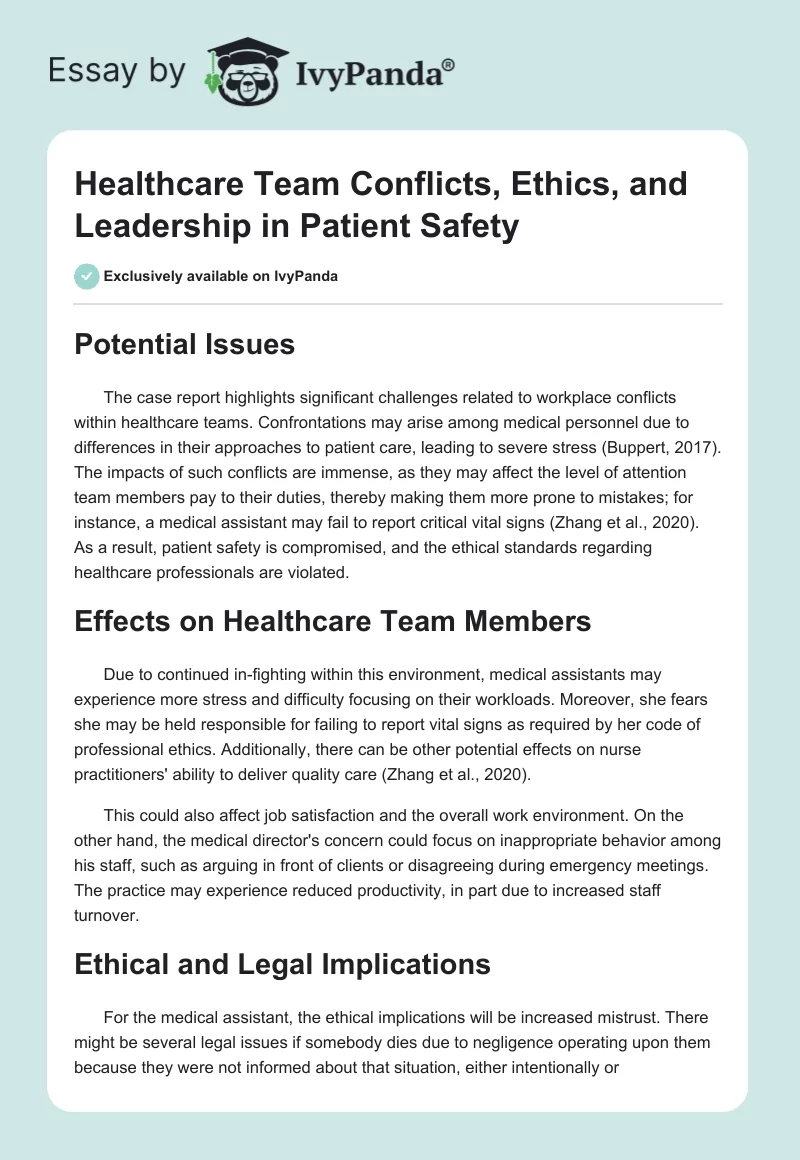 Healthcare Team Conflicts, Ethics, and Leadership in Patient Safety. Page 1