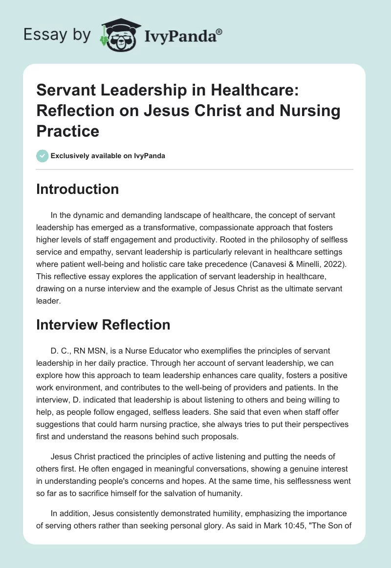 Servant Leadership in Healthcare: Reflection on Jesus Christ and Nursing Practice. Page 1