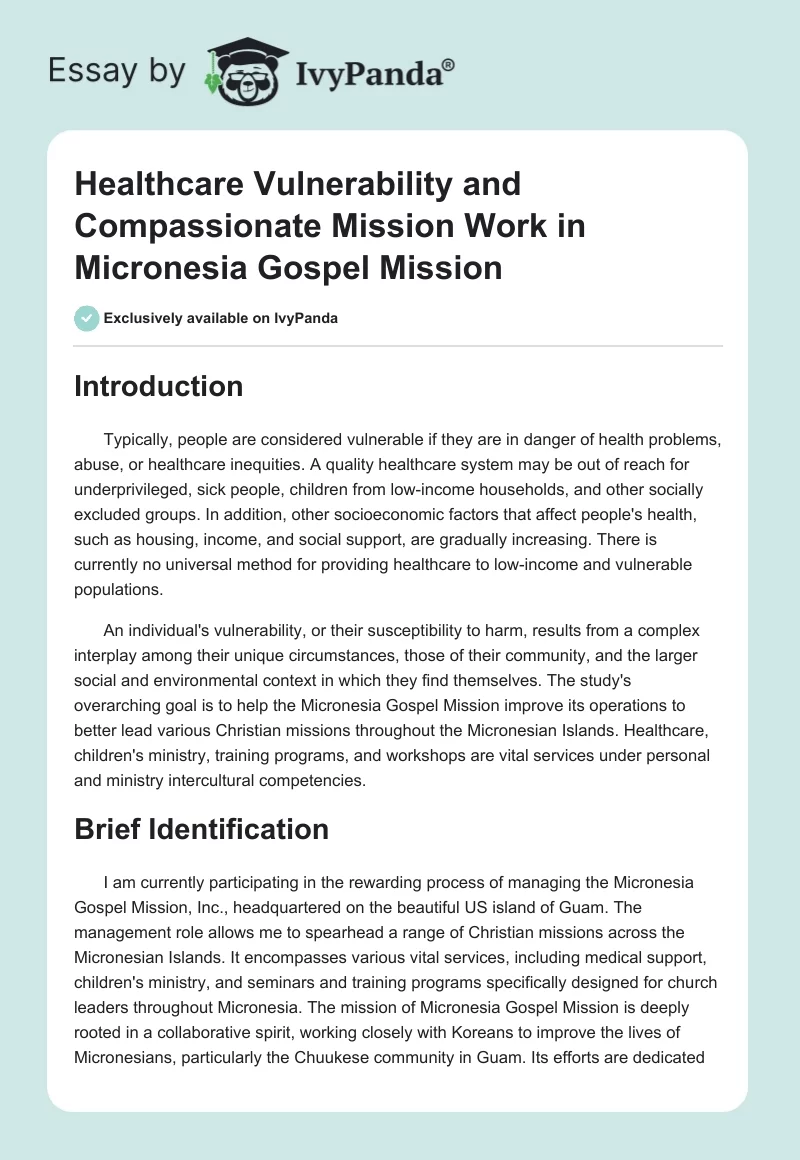 Healthcare Vulnerability and Compassionate Mission Work in Micronesia Gospel Mission. Page 1
