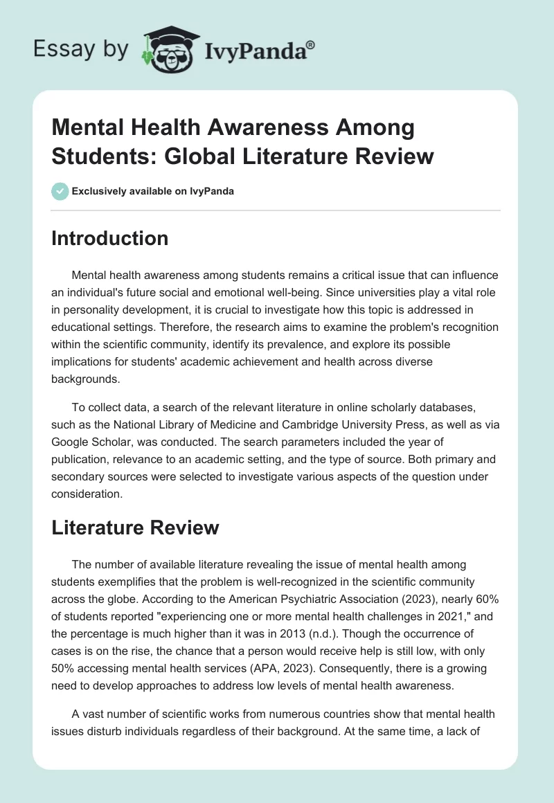 Mental Health Awareness Among Students: Global Literature Review. Page 1