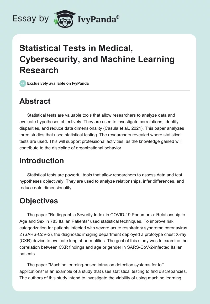 Statistical Tests in Medical, Cybersecurity, and Machine Learning Research. Page 1