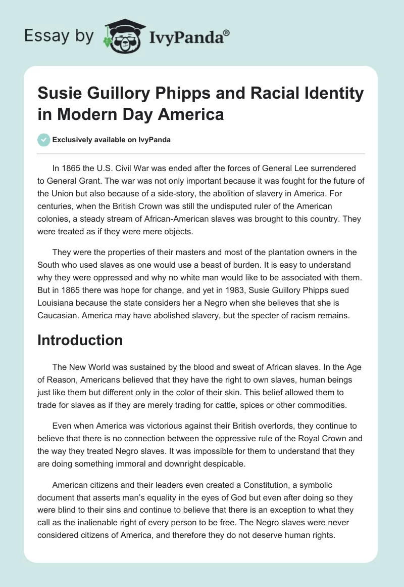 Susie Guillory Phipps and Racial Identity in Modern-Day America. Page 1