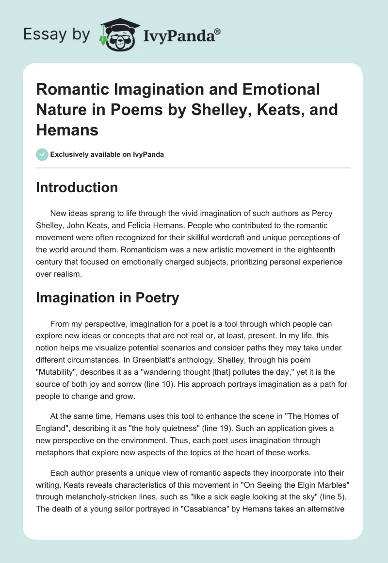 Romantic Imagination and Emotional Nature in Poems by Shelley, Keats, and Hemans. Page 1