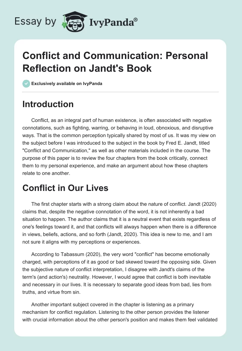 Conflict and Communication: Personal Reflection on Jandt's Book. Page 1