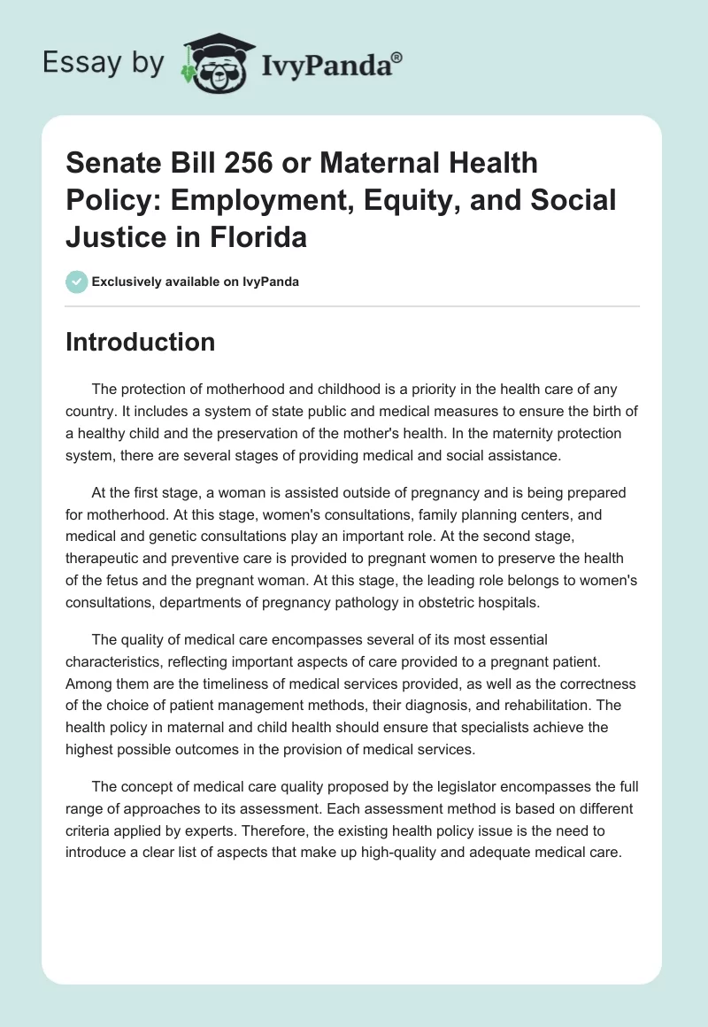 Senate Bill 256 or Maternal Health Policy: Employment, Equity, and Social Justice in Florida. Page 1