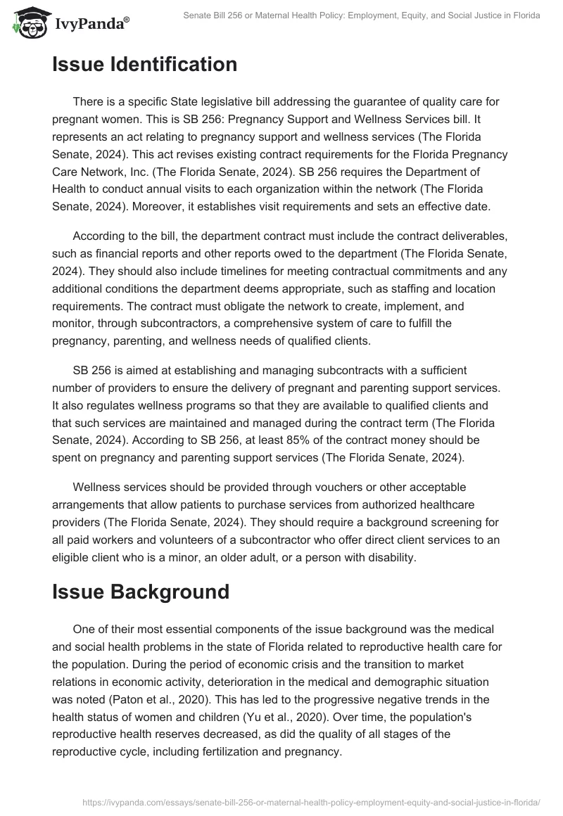 Senate Bill 256 or Maternal Health Policy: Employment, Equity, and Social Justice in Florida. Page 2