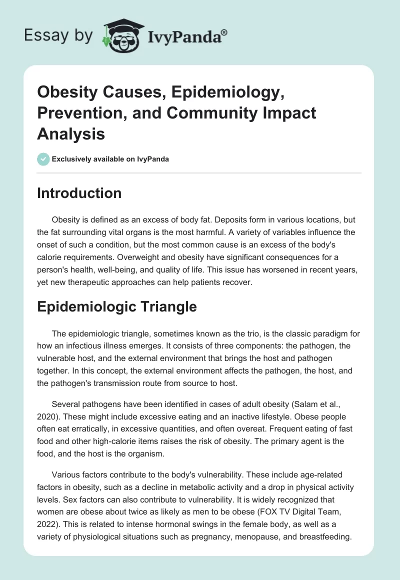 Obesity Causes, Epidemiology, Prevention, and Community Impact Analysis. Page 1