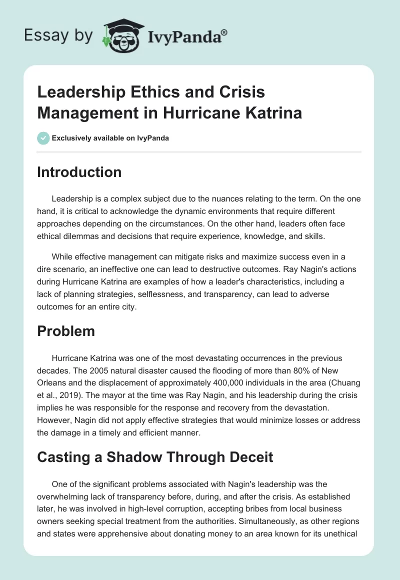 Leadership Ethics and Crisis Management in Hurricane Katrina. Page 1