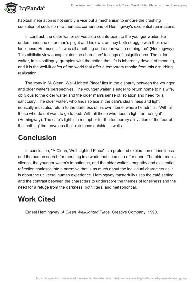 Loneliness and Existential Crisis in "A Clean, Well-Lighted Place" by Ernest Hemingway. Page 2