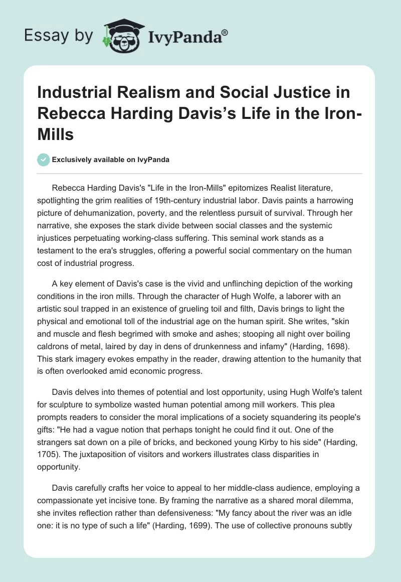 Industrial Realism and Social Justice in Rebecca Harding Davis’s Life in the Iron-Mills. Page 1