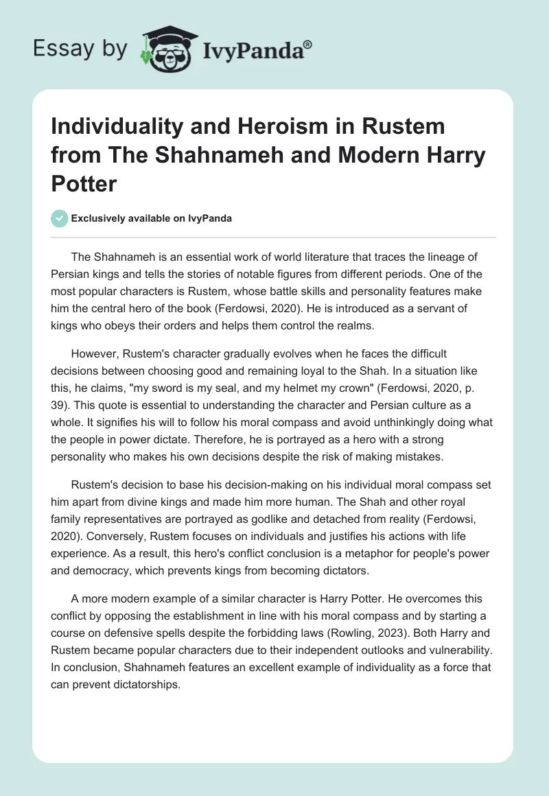 Individuality and Heroism in Rustem from The Shahnameh and Modern Harry Potter. Page 1