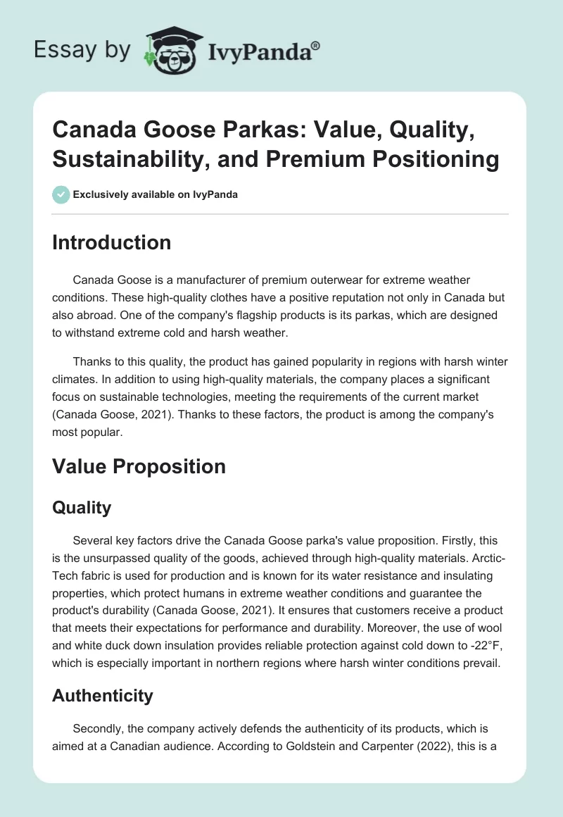 Canada Goose Parkas: Value, Quality, Sustainability, and Premium Positioning. Page 1