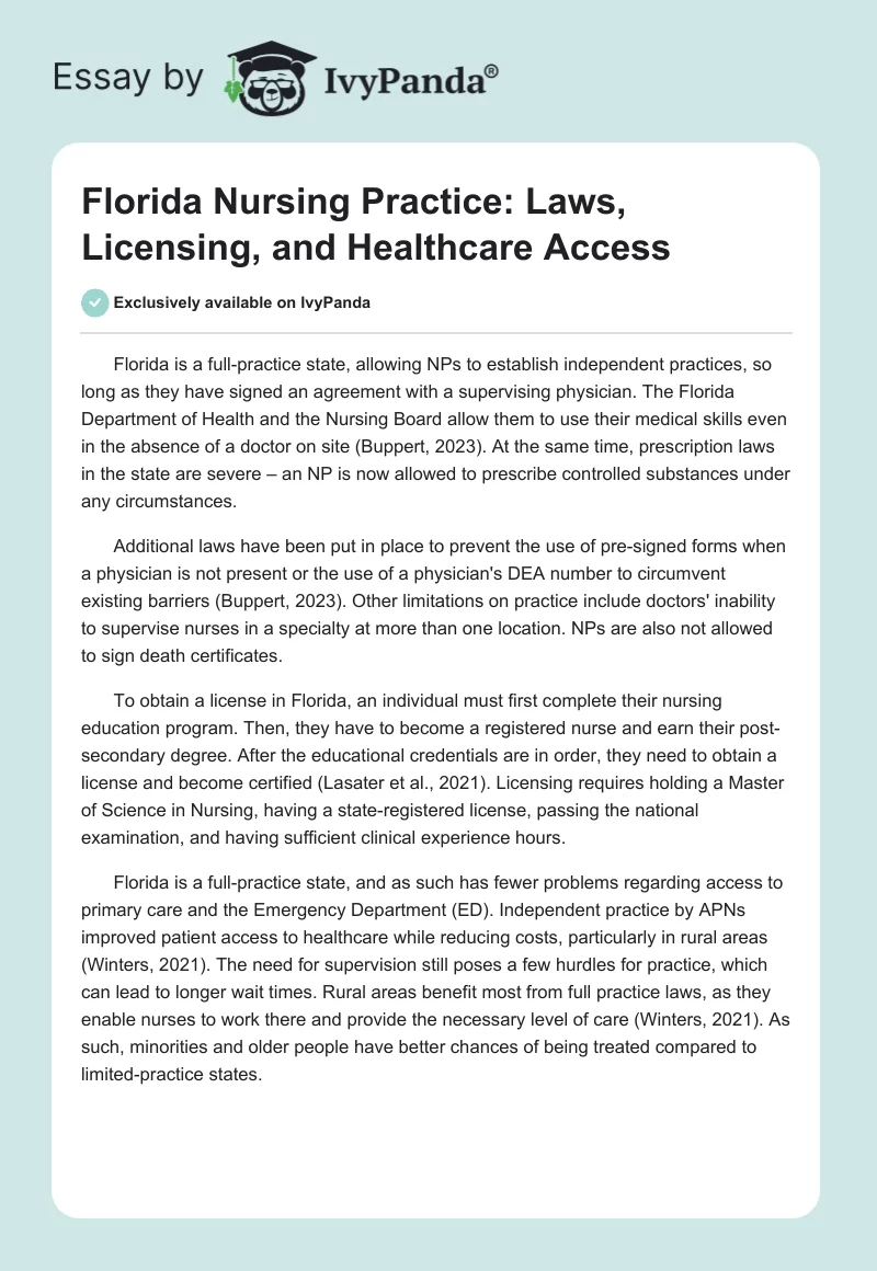 Florida Nursing Practice: Laws, Licensing, and Healthcare Access. Page 1