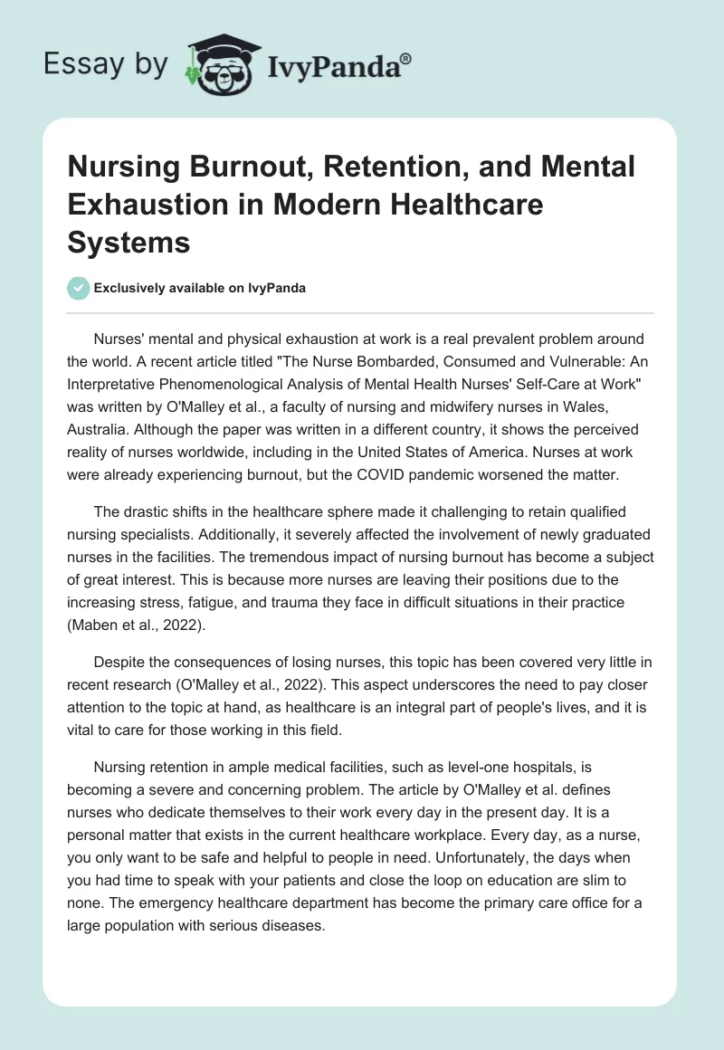 Nursing Burnout, Retention, and Mental Exhaustion in Modern Healthcare Systems. Page 1