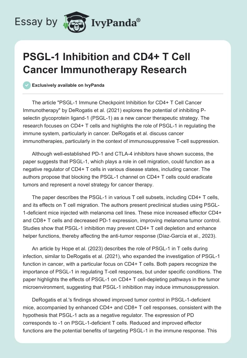 PSGL-1 Inhibition and CD4+ T Cell Cancer Immunotherapy Research. Page 1
