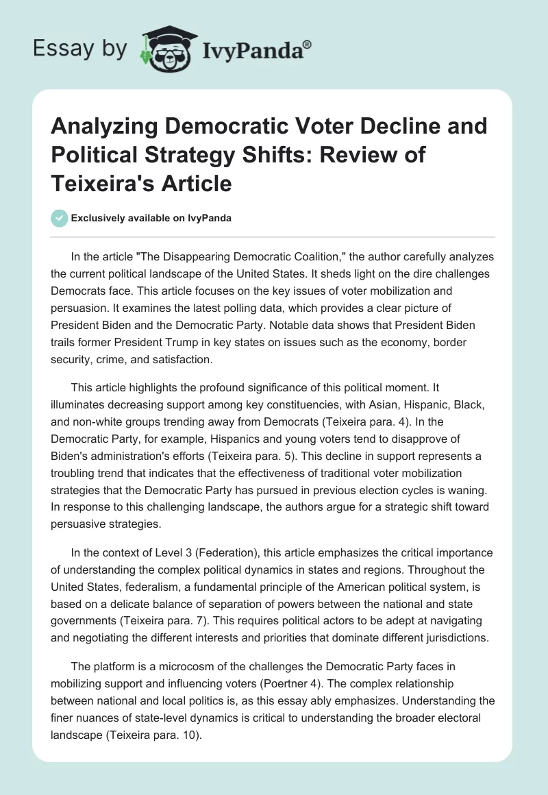 Analyzing Democratic Voter Decline and Political Strategy Shifts: Review of Teixeira's Article. Page 1