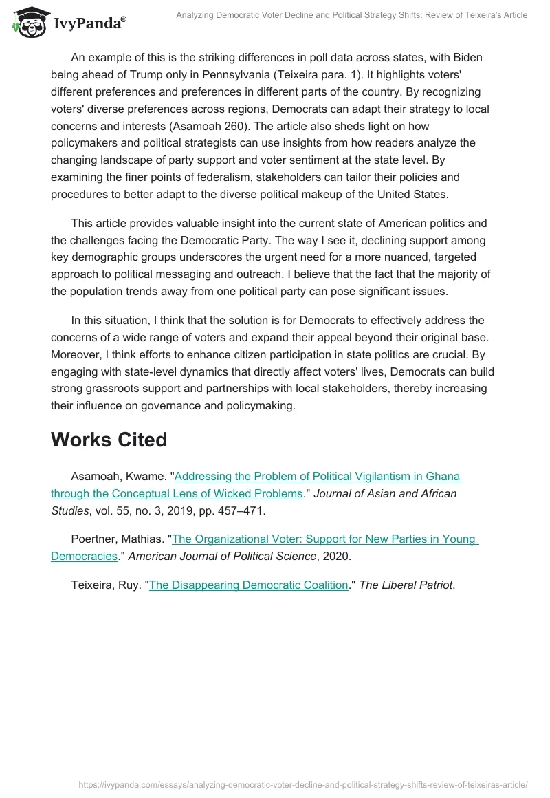 Analyzing Democratic Voter Decline and Political Strategy Shifts: Review of Teixeira's Article. Page 2