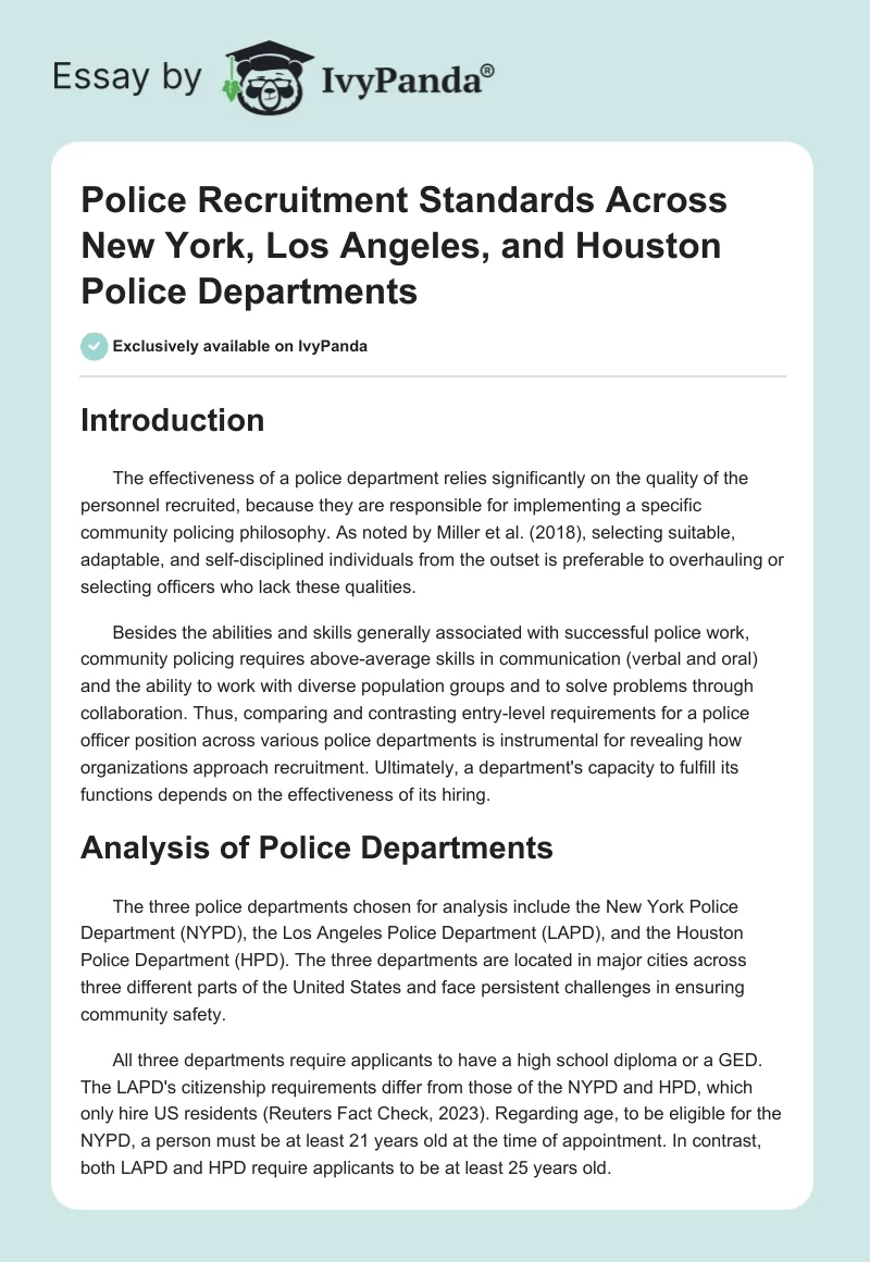 Police Recruitment Standards Across New York, Los Angeles, and Houston Police Departments. Page 1