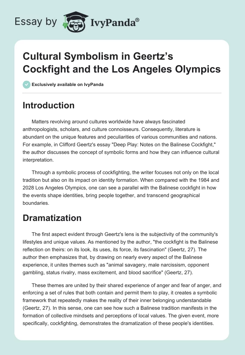 Cultural Symbolism in Geertz’s Cockfight and the Los Angeles Olympics. Page 1