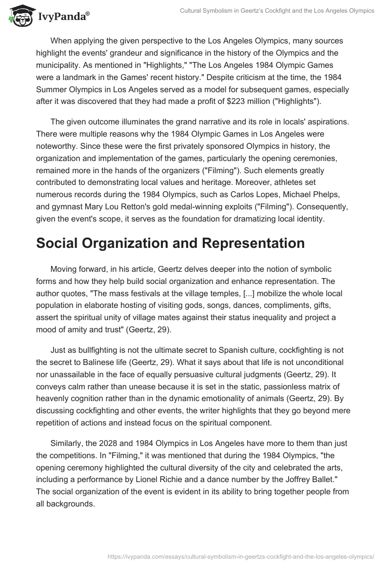 Cultural Symbolism in Geertz’s Cockfight and the Los Angeles Olympics. Page 2