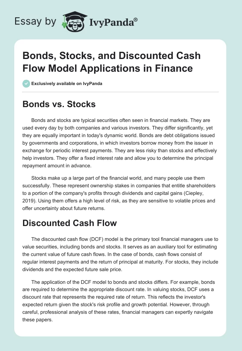 Bonds, Stocks, and Discounted Cash Flow Model Applications in Finance. Page 1
