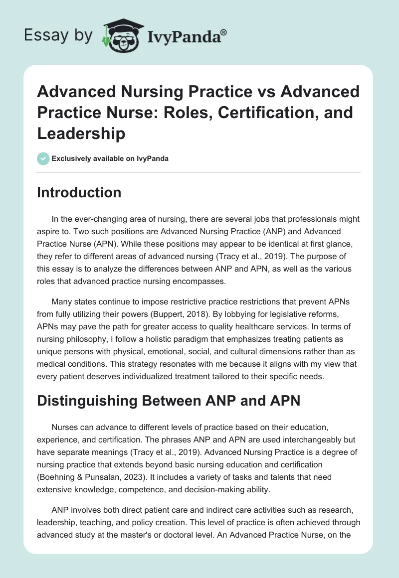 Advanced Nursing Practice vs Advanced Practice Nurse: Roles, Certification, and Leadership. Page 1