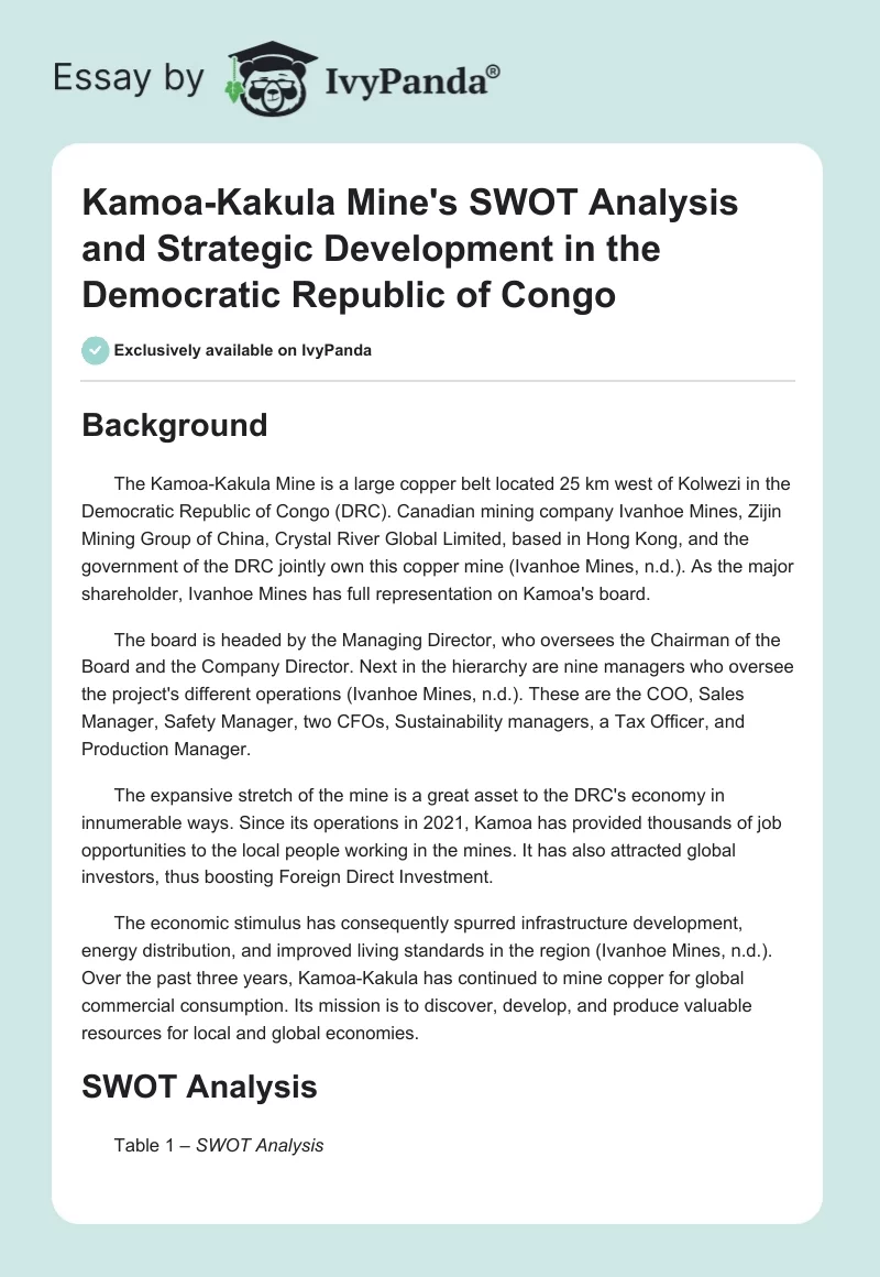 Kamoa-Kakula Mine's SWOT Analysis and Strategic Development in the Democratic Republic of Congo. Page 1