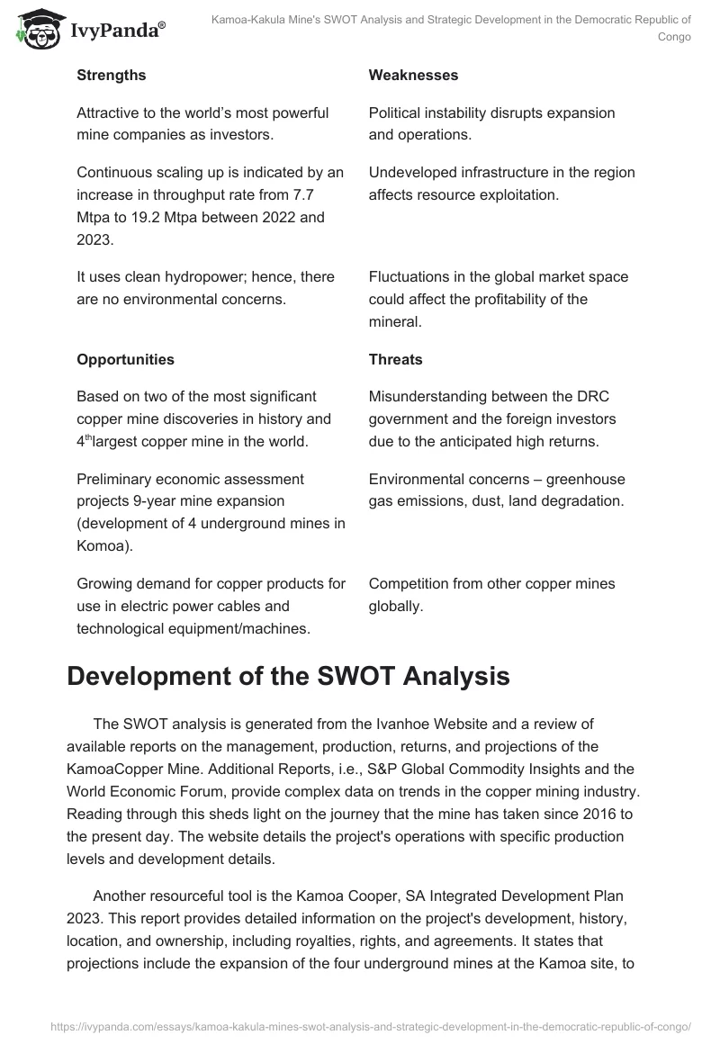 Kamoa-Kakula Mine's SWOT Analysis and Strategic Development in the Democratic Republic of Congo. Page 2