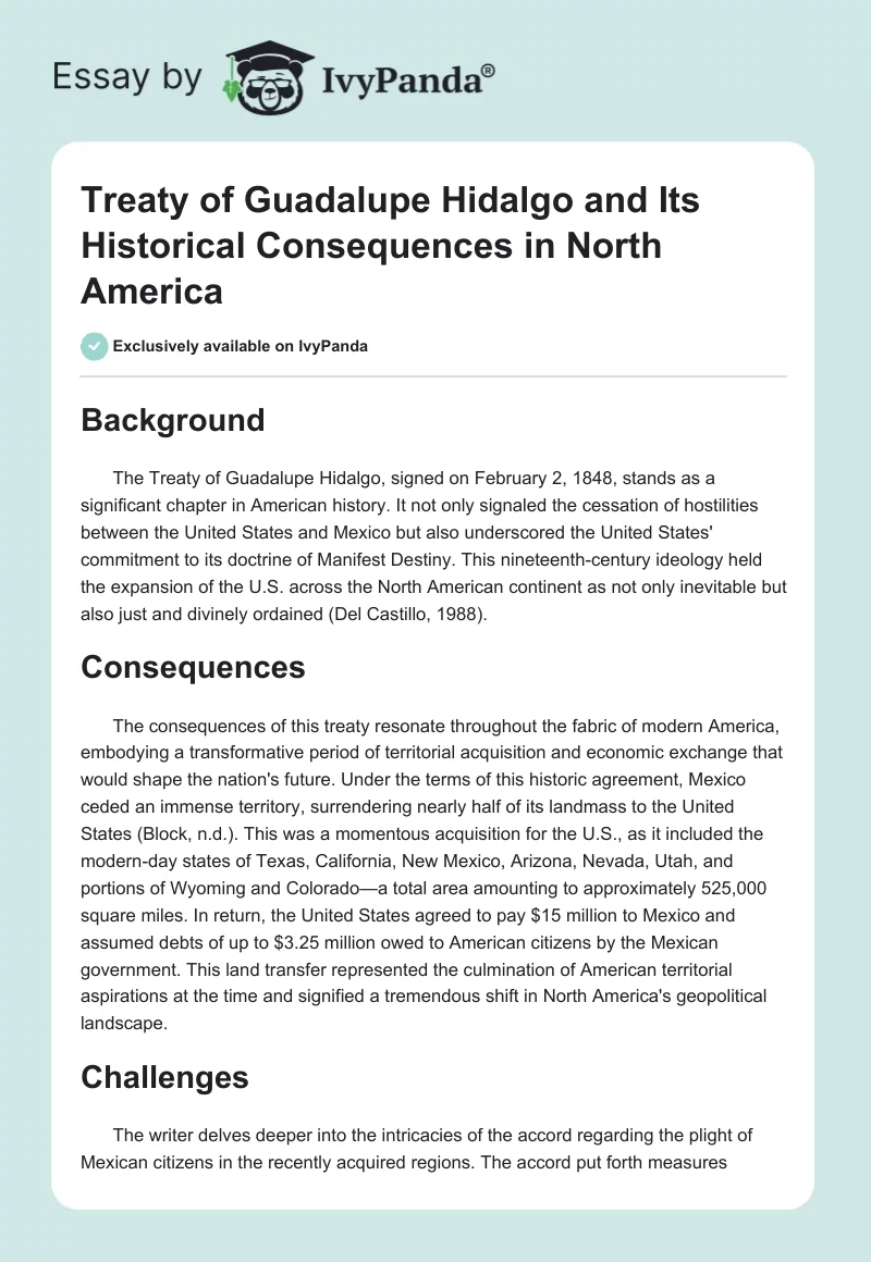 Treaty of Guadalupe Hidalgo and Its Historical Consequences in North America. Page 1