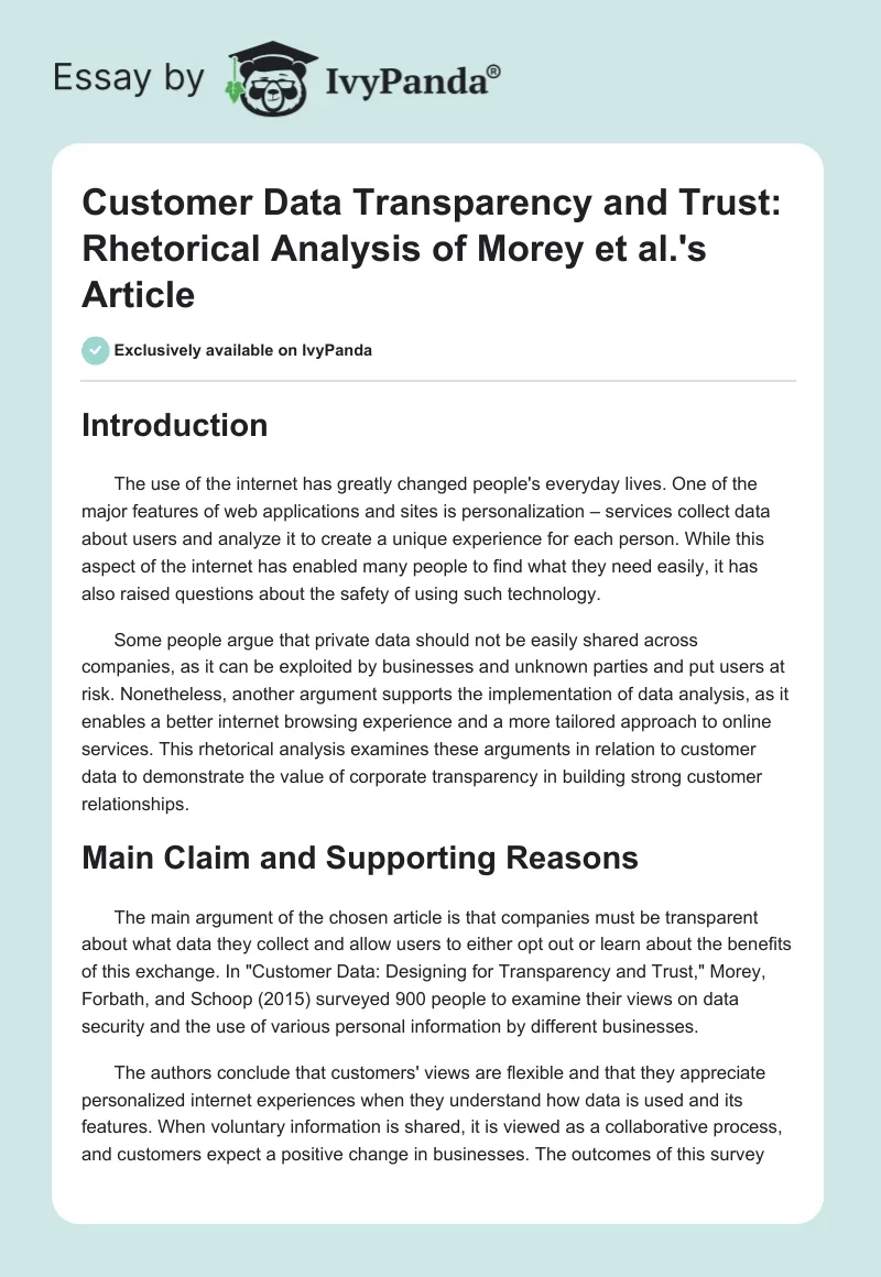 Customer Data Transparency and Trust: Rhetorical Analysis of Morey et al.'s Article. Page 1
