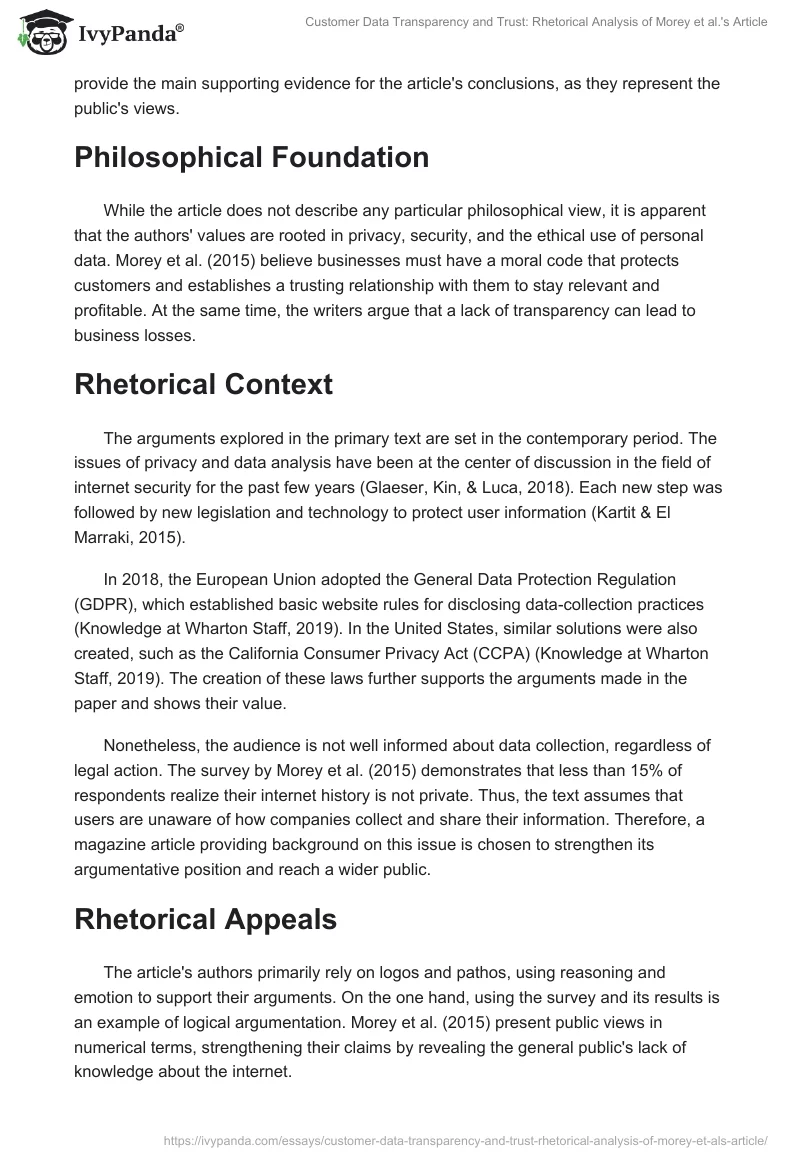 Customer Data Transparency and Trust: Rhetorical Analysis of Morey et al.'s Article. Page 2