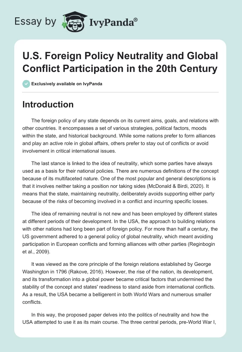 U.S. Foreign Policy Neutrality and Global Conflict Participation in the 20th Century. Page 1