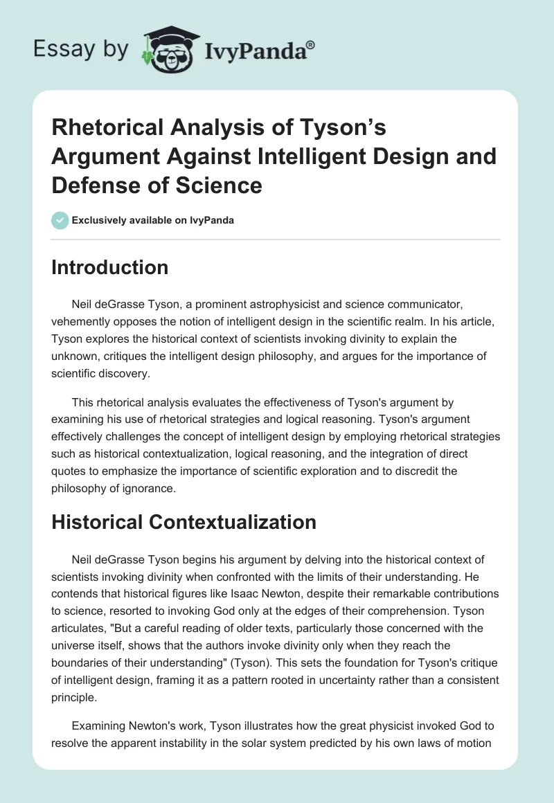 Rhetorical Analysis of Tyson’s Argument Against Intelligent Design and Defense of Science. Page 1