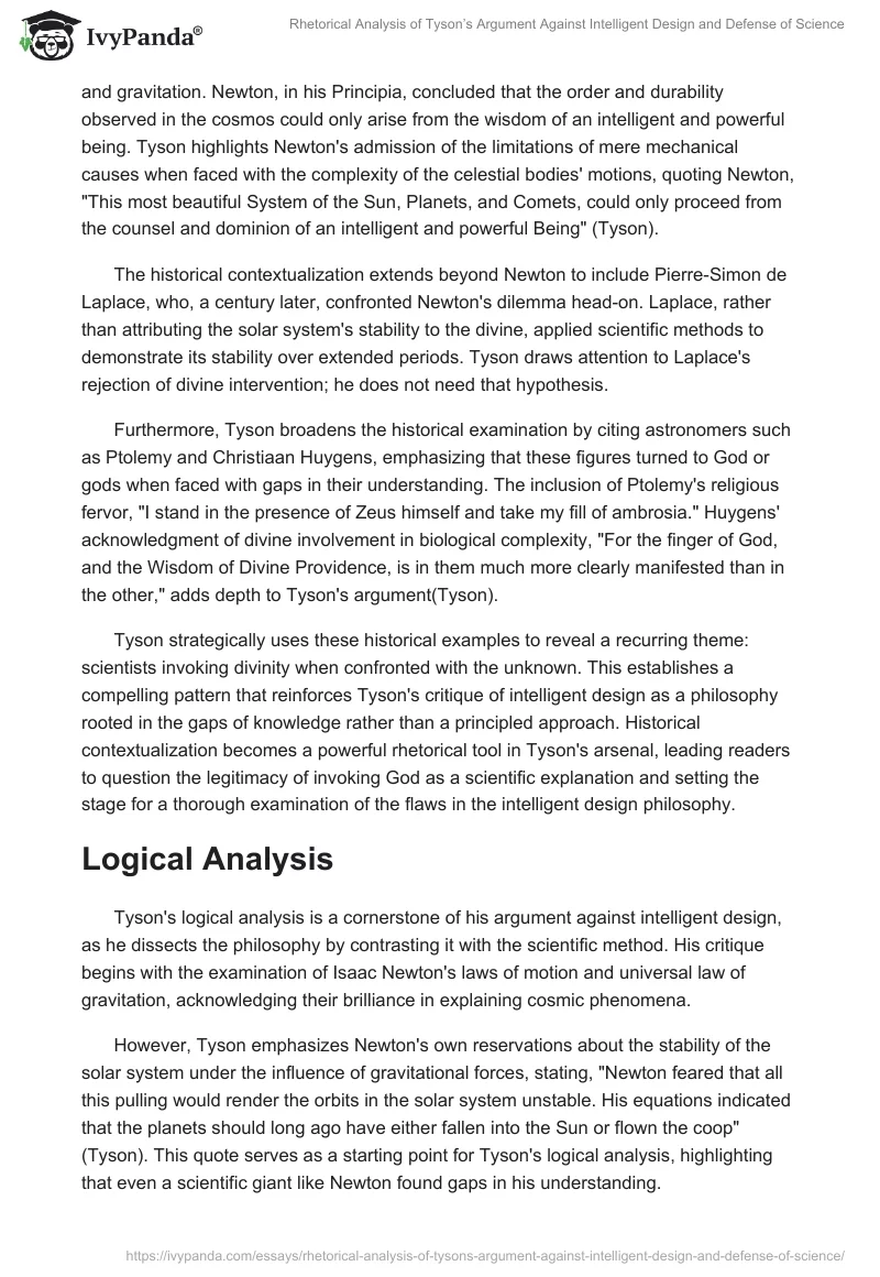 Rhetorical Analysis of Tyson’s Argument Against Intelligent Design and Defense of Science. Page 2
