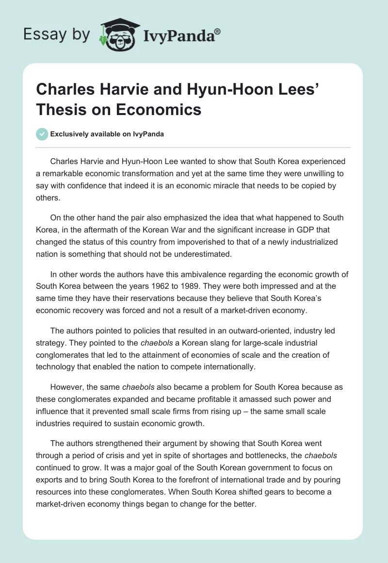 Charles Harvie and Hyun-Hoon Lees’ Thesis on Economics. Page 1