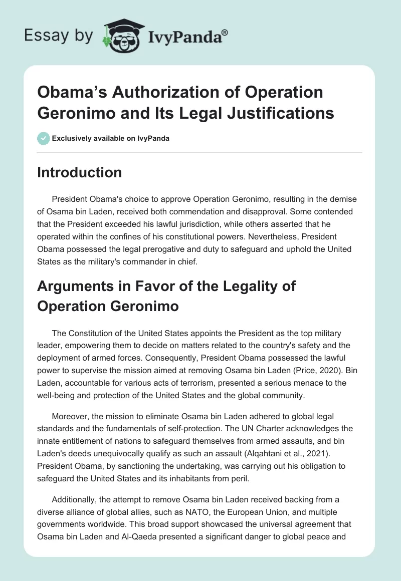 Obama’s Authorization of Operation Geronimo and Its Legal Justifications. Page 1
