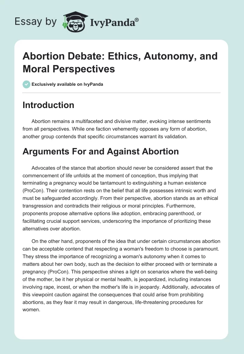 Abortion Debate: Ethics, Autonomy, and Moral Perspectives. Page 1