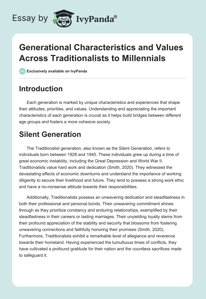 Generational Characteristics and Values Across Traditionalists to Millennials. Page 1
