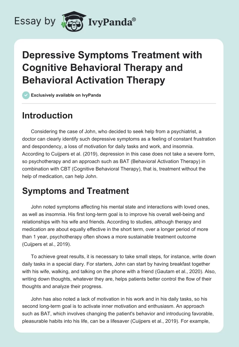 Depressive Symptoms Treatment with Cognitive Behavioral Therapy and Behavioral Activation Therapy. Page 1