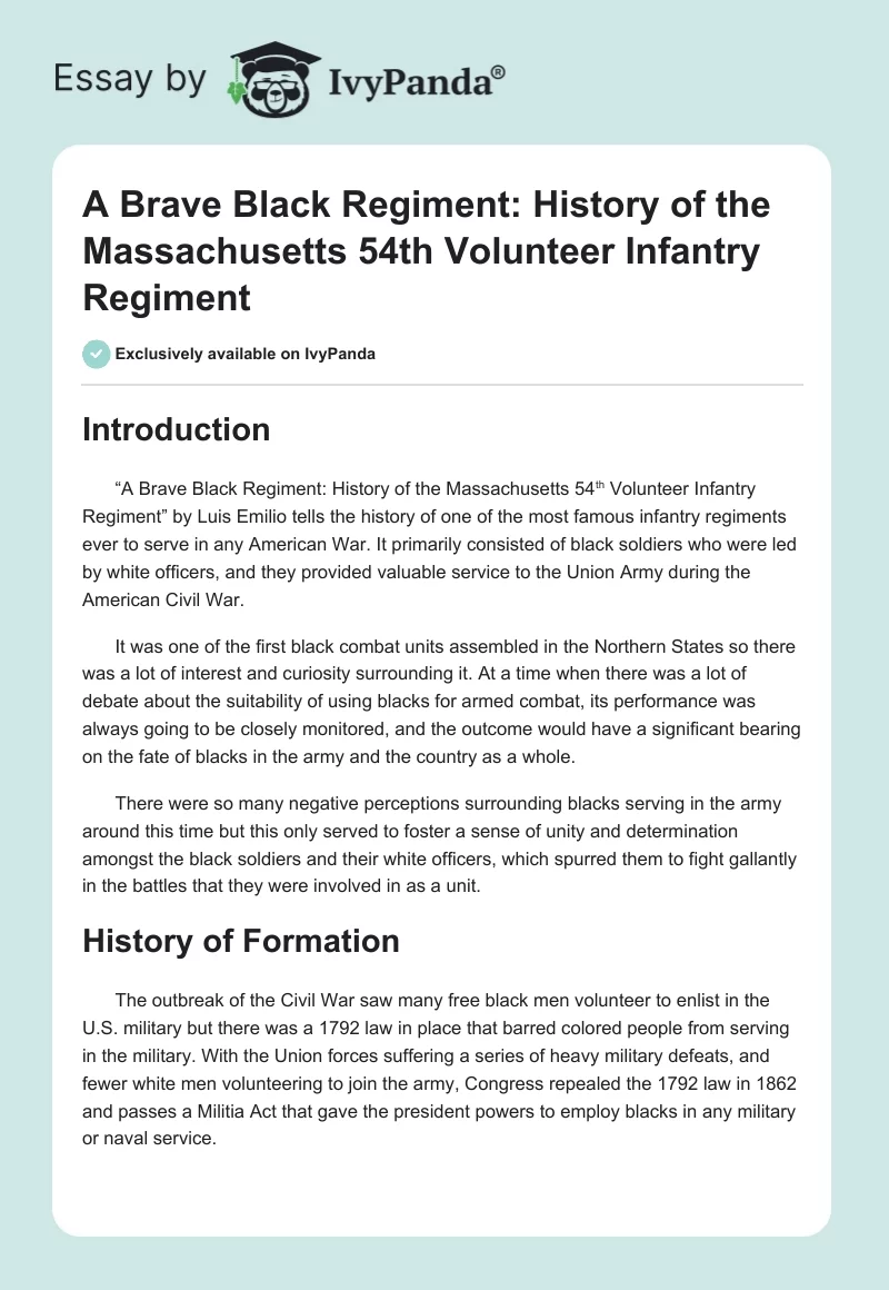 A Brave Black Regiment: History of the Massachusetts 54th Volunteer Infantry Regiment. Page 1
